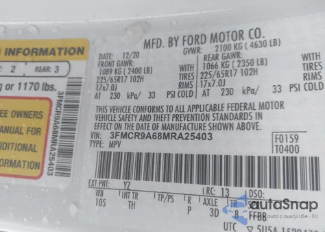 2021 Ford Bronco Sport z USA, uszkodzony, nr VIN 3FMCR9A68MRA25403